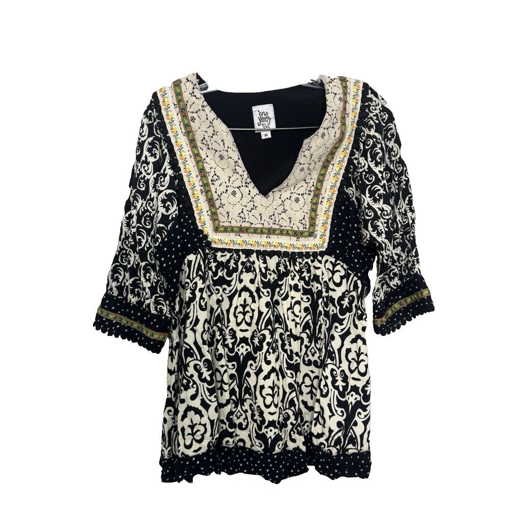 Ivy Jane Top Women's Medium Black Multi Media Lace Blouse Boho